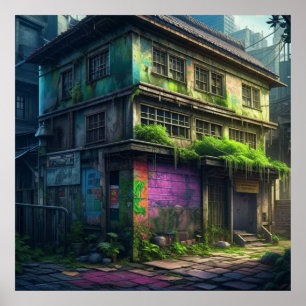 Poster Graffiti violet abandonné Bâtiment de désintégrati