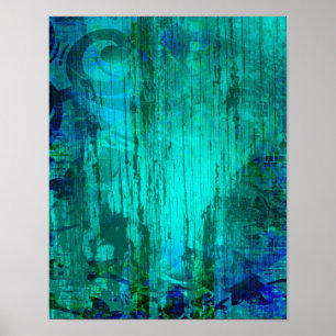 Poster Grain en bois patiné floral de turquoise rustique