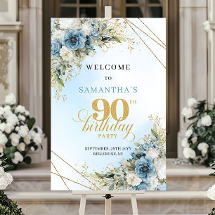 Poster Grand aquarelle bleu poussiéreux or 90e anniversai