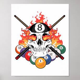 Poster Grand Billard Joueur Crâne Billard Cue Ll