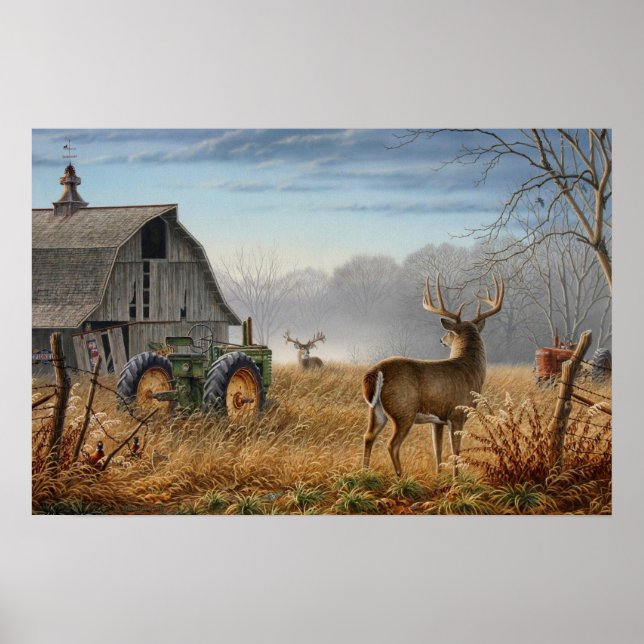 Poster Grand Cerf Buck Confrontation à la ferme (Devant)