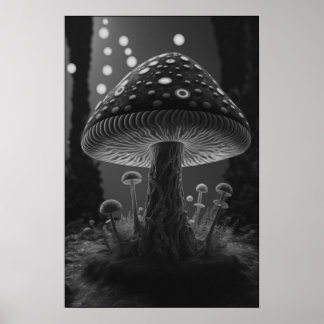 Poster Grand Champignons Lumineux - Noir & Blanc