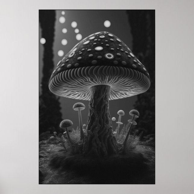 Poster Grand Champignons Lumineux - Noir & Blanc (Devant)