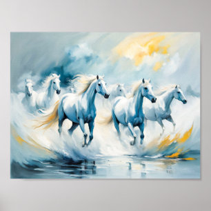 Poster Grand groupe de chevaux blancs traversant la mer