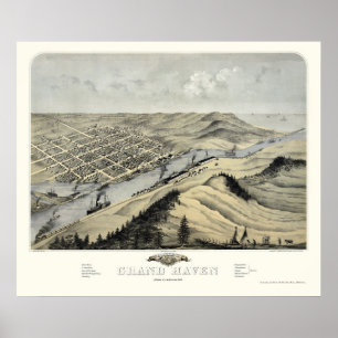 Poster Grand Haven, MI Carte panoramique - 1868