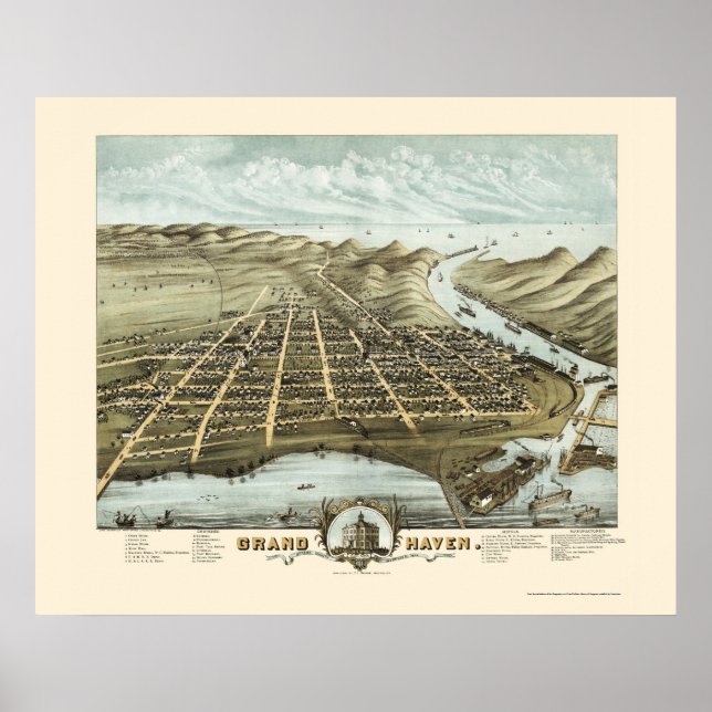 Poster Grand Haven, MI Carte panoramique - 1874 (Devant)
