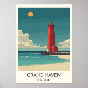 Poster Grand Haven Michigan Vintage Lighthouse Beach Art