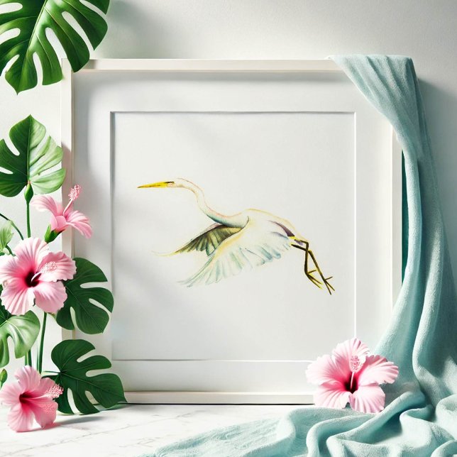 Poster Grand Héron Blanc Art Tropical (beach art great white heron watercolor painting by Victoria Grigaliunas. Order prints.)