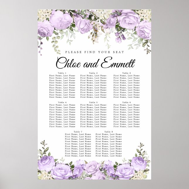 Poster Grand Mariage Floral Violet à 8 tables (Devant)