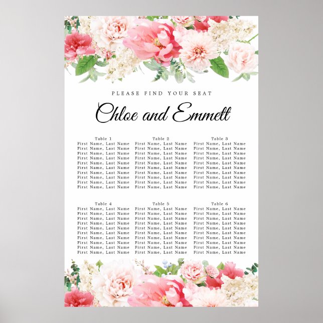 Poster Grand Mariage rose Floral 6 tables (Devant)