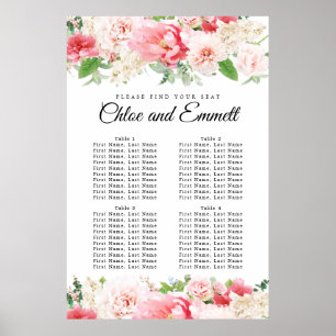 Poster Grand Mariage rose Floral à 4 tables