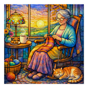 Poster Grand-mère au vitrail tricotant, chat et maison co