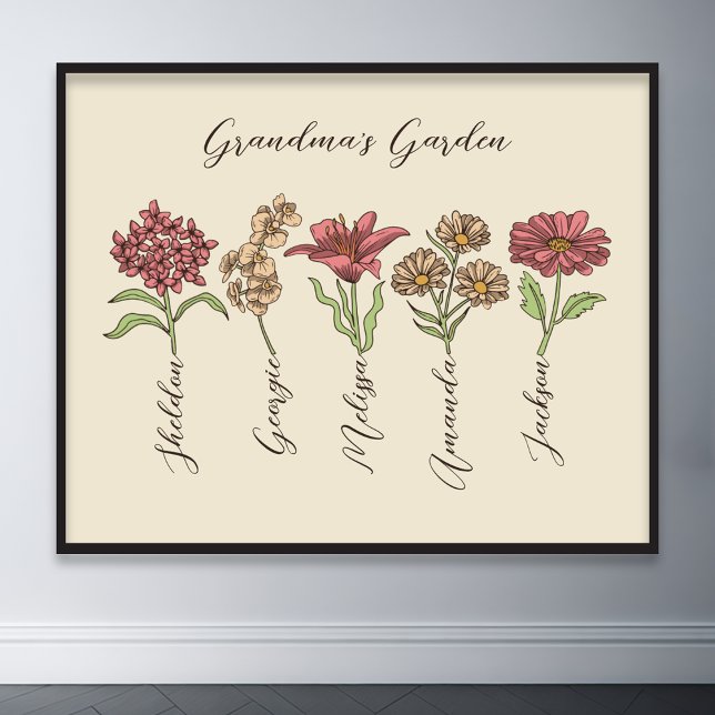 Poster Grand-mère's Flower Garden 5 petits Nom Floral (grandma flower garden grandkids name floral poster)