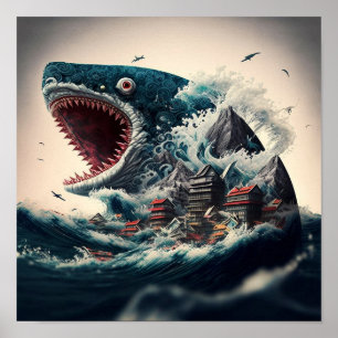 Poster Grand monstre de requin sushi