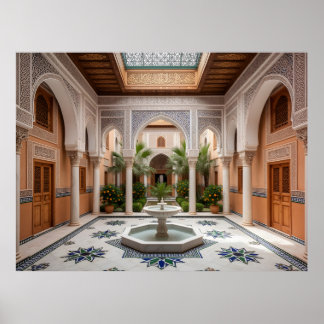 Poster Grand Moroccan Riad Courtyard with Marble Fountain