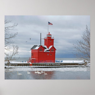 Poster Grand phare rouge du Michigan avec des cygnes