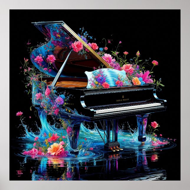Poster Grand Piano orné de fleurs artistiques (Devant)
