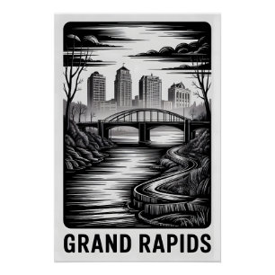 Poster Grand Rapids Michigan Skyline Noir Blanc Gravure s