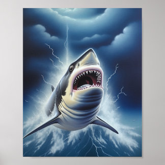 Poster Grand requin blanc dans une nuit orageuse