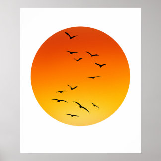 Poster Grand troupeau d'oiseaux volant vers un soleil écl