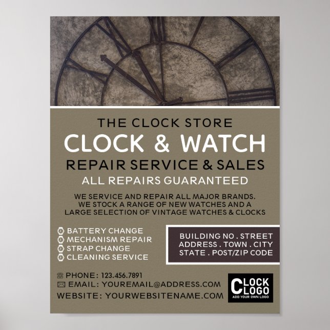 Poster Grand visage Horloge, Horologiste Publicité (Devant)