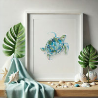 Grande aquarelle verte et bleue Art de la tortue m