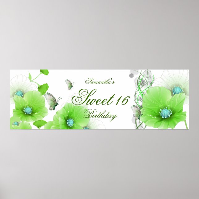 Poster grande bannière Anniversaire Plutôt Vert Floral Bl (Devant)