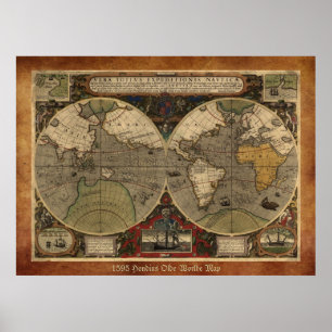 Poster Grande carte historique "1595 carte mondiale d'Hon