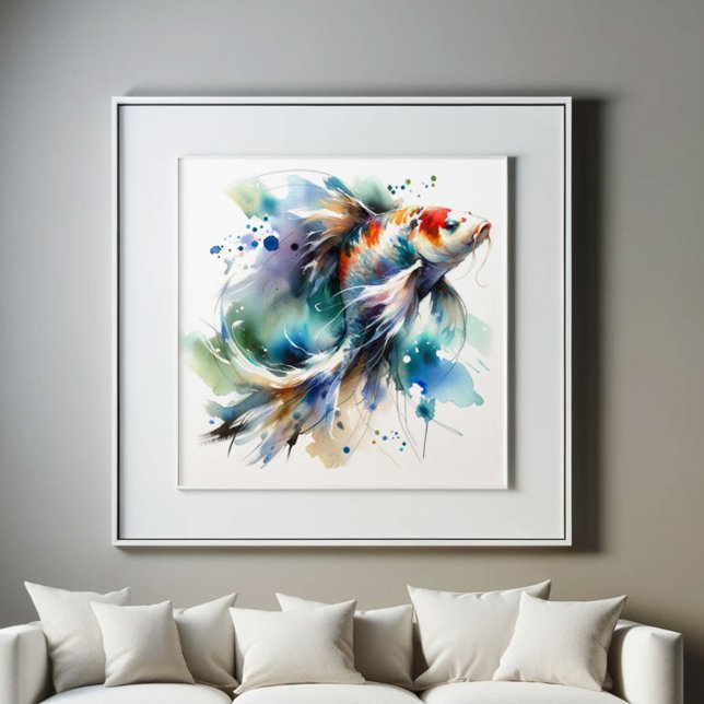 Poster Grande couleur Koi Poisson aquarelle Art (Koi fish watercolor art in colorful shades of red, blue green and purple. )