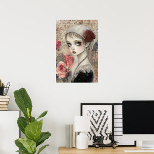 Poster Grande fille victorienne gothique et fleurs