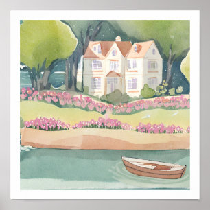 Poster Grande maison au bord du lac et du bateau
