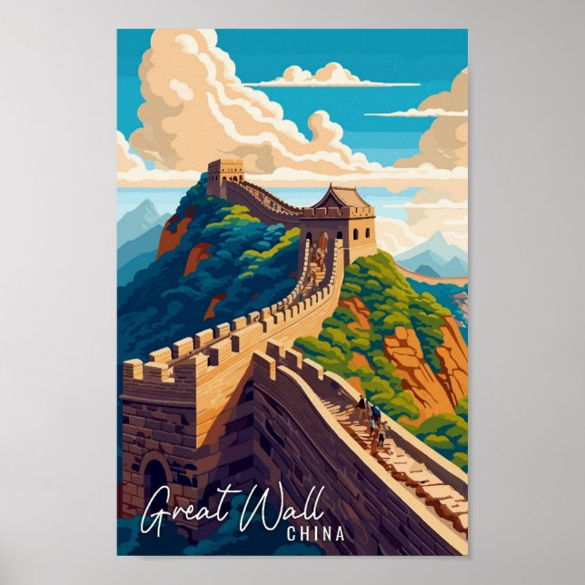 Poster Grande Muraille Chine Art illustration de voyage v (Devant)