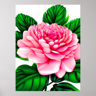 Poster Grande pivoine rose avec Feuilles vert émeraude
