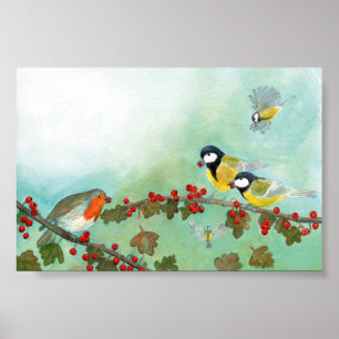 Poster Grands Tit Birds, Red Robin & Hawthorn Berries