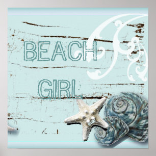 Poster Grange côtière bois aqua bleu étoile coquillages