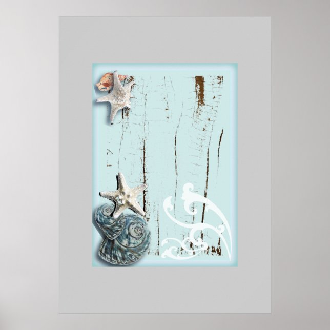 Poster Grange côtière bois aqua bleu étoile coquillages (Devant)