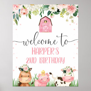 Poster Grange rose Floral Animaux de ferme Anniversaire B