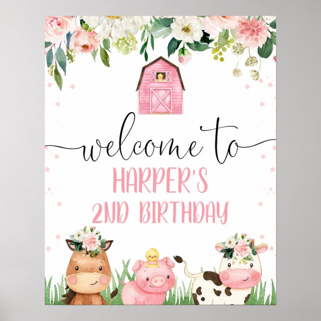 Poster Grange rose Floral Animaux de ferme Anniversaire B (Devant)