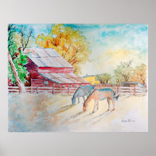Poster Grange rouge et chevaux en pâturage