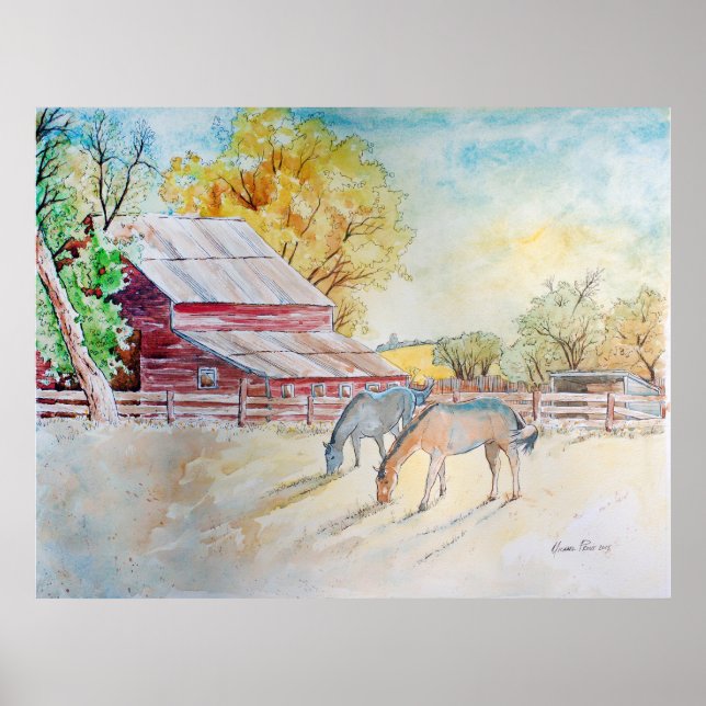 Poster Grange rouge et chevaux en pâturage (Devant)