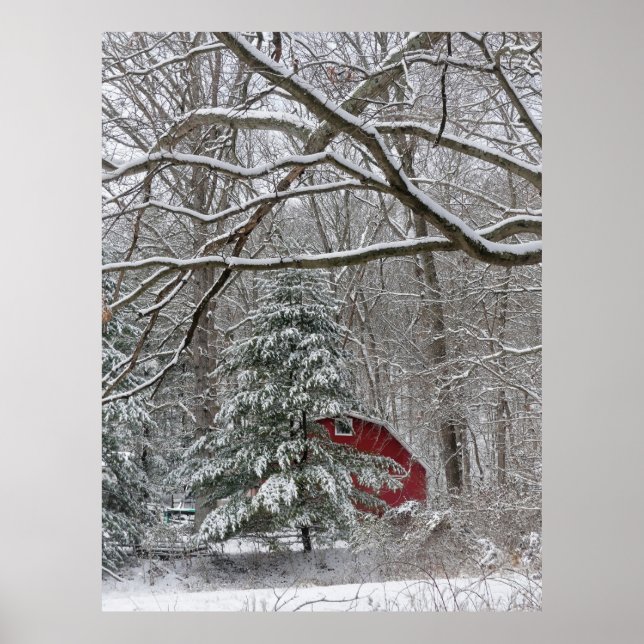 Poster Grange rouge neigeuse (Devant)