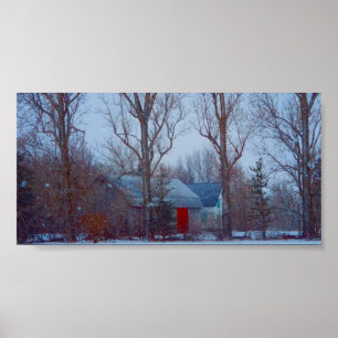 Poster Grange rouge rustique en hiver en hiver