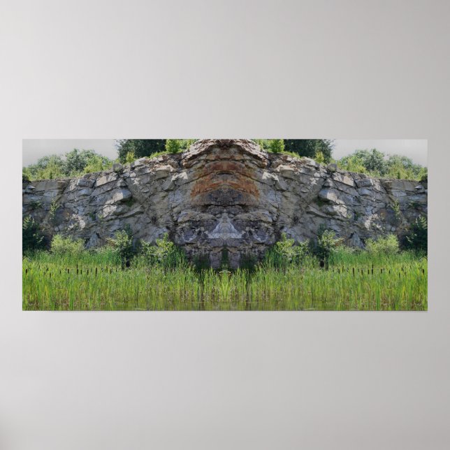 Poster Granite Rock Cliff Cattails Pond Mirror Abstrait (Devant)