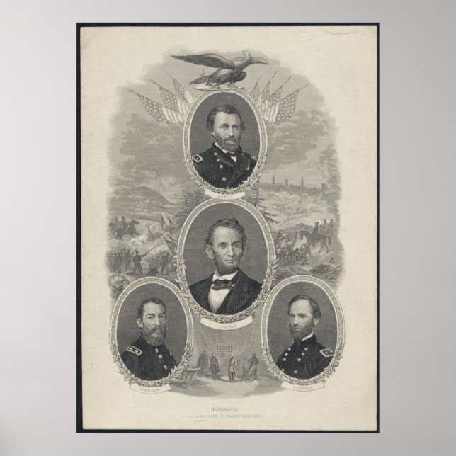 Poster Grant, Lincoln, Sheridan, Sherman (Devant)