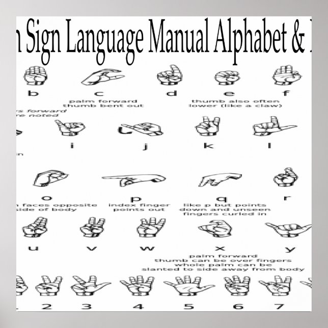 Poster Graphique Alphabet et chiffres ASL en langage des  (Devant)