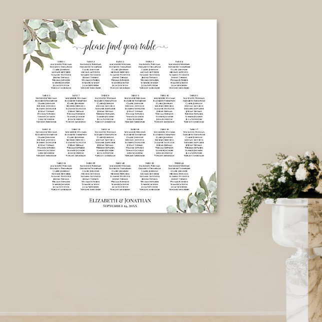 Poster Graphique de placement 22 tables mariage rustique  (In Situ on Wall with Pedestal Vase)
