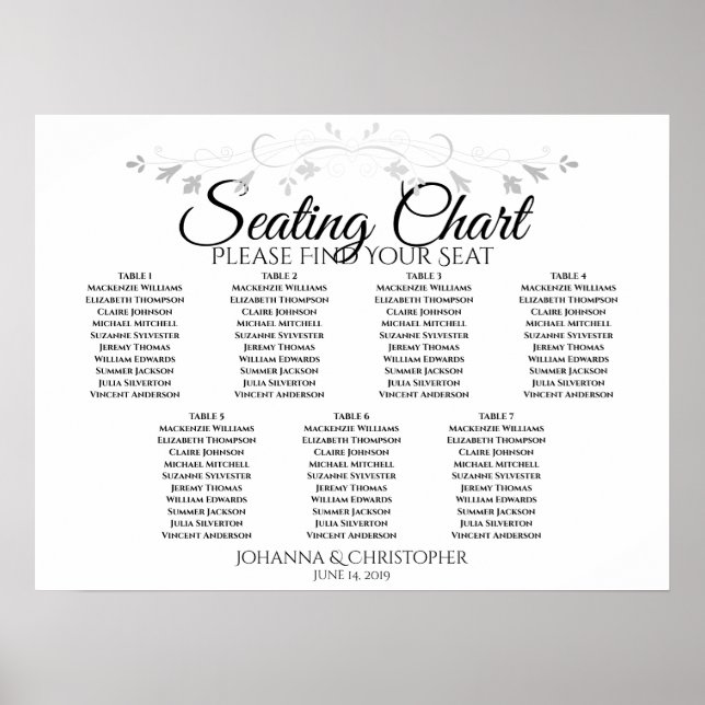 Poster Graphique de placement de mariage de 7 tables Chic (Devant)