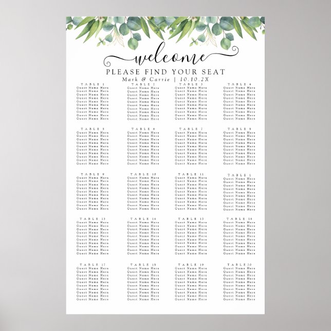 Poster Graphique de placement de mariage simple avec verd (Devant)