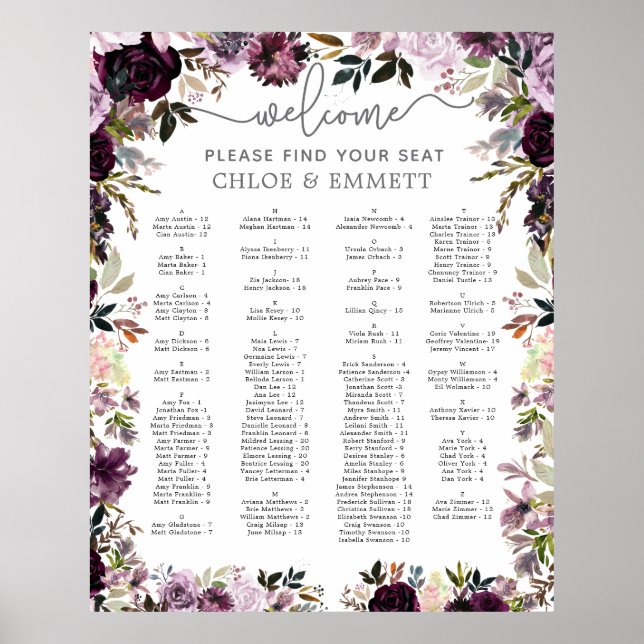 Poster Graphique de siège alphabétique floral rose pourpr (Devant)