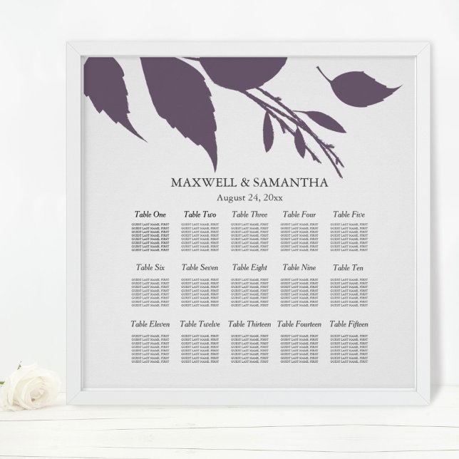 Poster GRAPHIQUE DE SIÈGE mariage Élégant prune violet Fe (wedding seating chart fall leaves
)